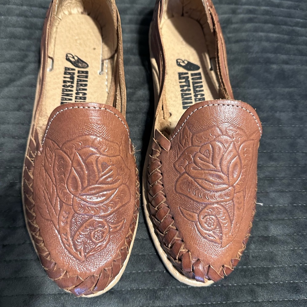 Hand-Tooled Brown Leather Huarache Slip-On Shoes